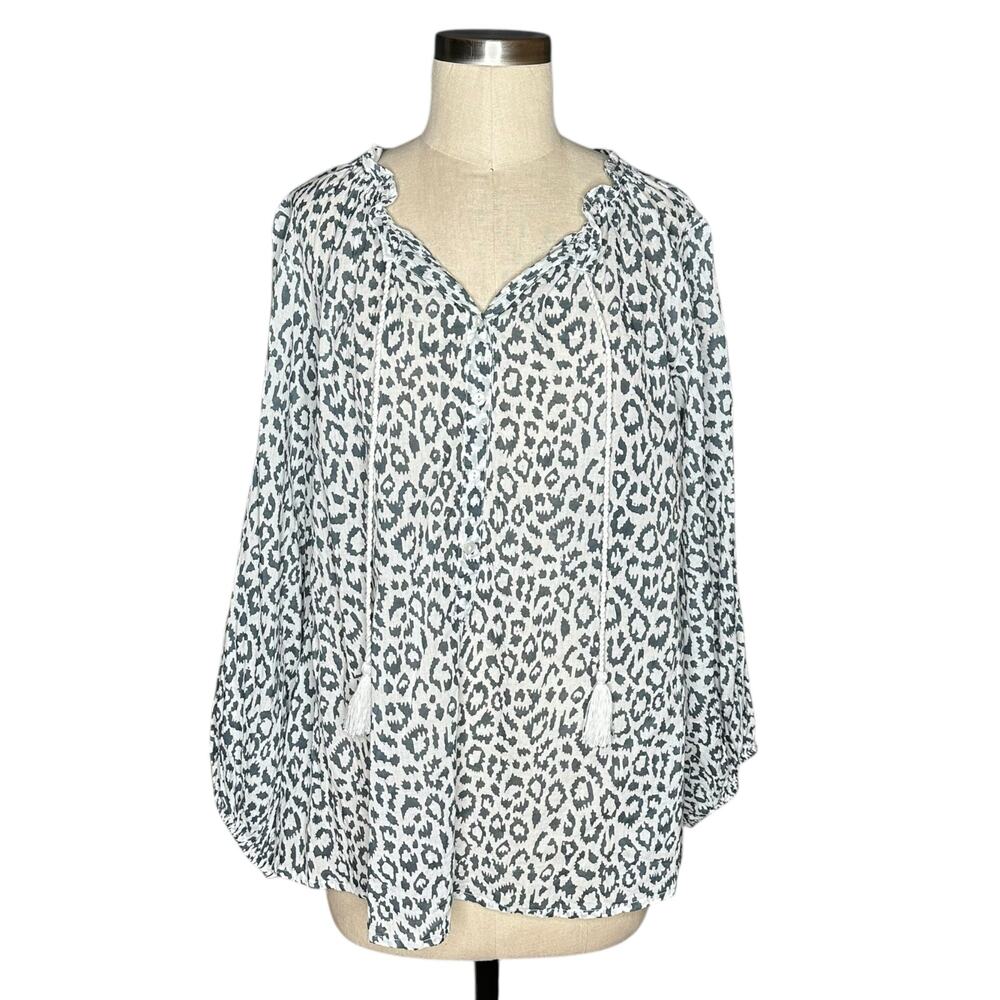 EMERSON FRY India Collection Blue White Geometric Print Blouse Women's Size S